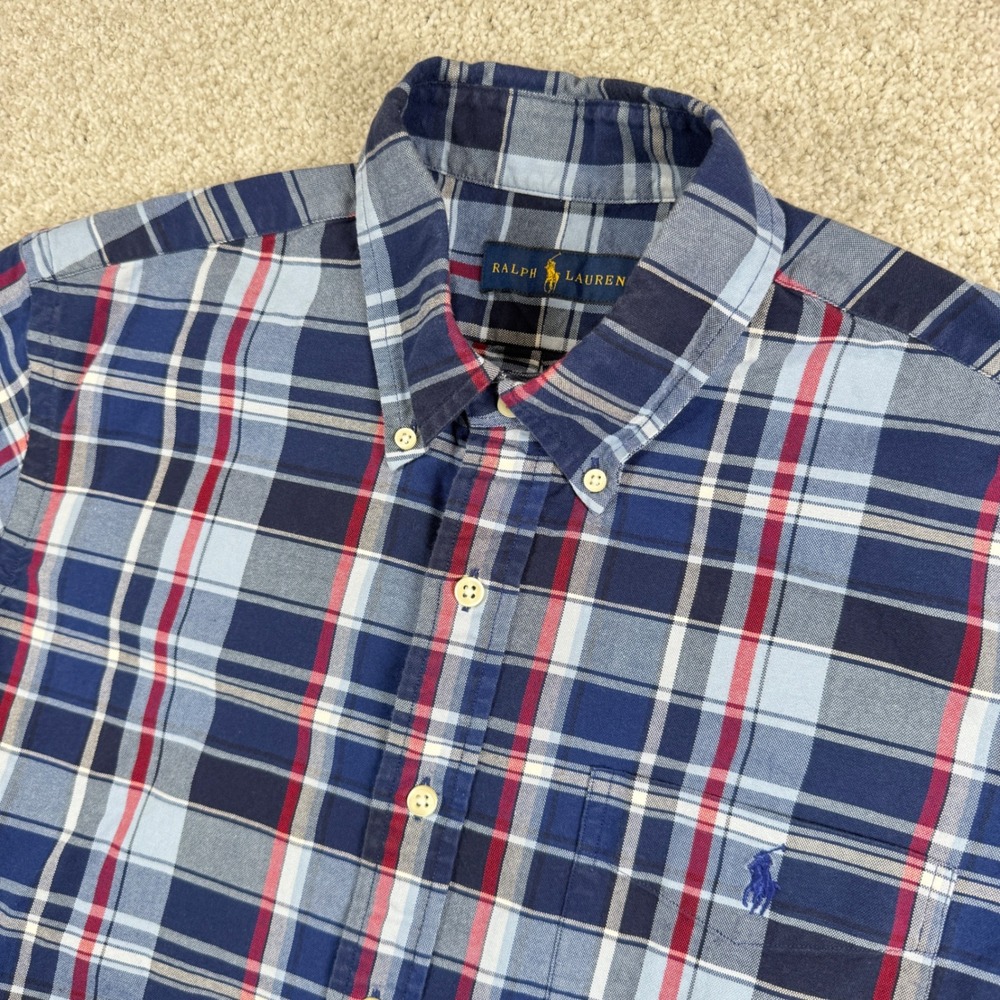 Ralph Lauren Button Down Mens Large Blue Plaid Short Sleeve Cotton Shirt